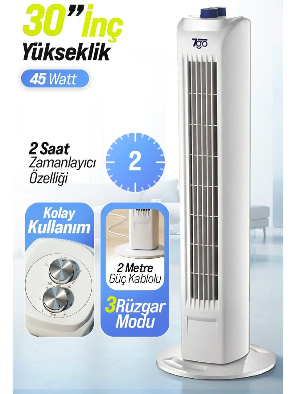 7go 30 Inç Kule Tipi Vantilatör | 45W Güçlü Motor, 3 Kademeli Hız, Salınımlı, Zamanlayıcılı Tower Fan