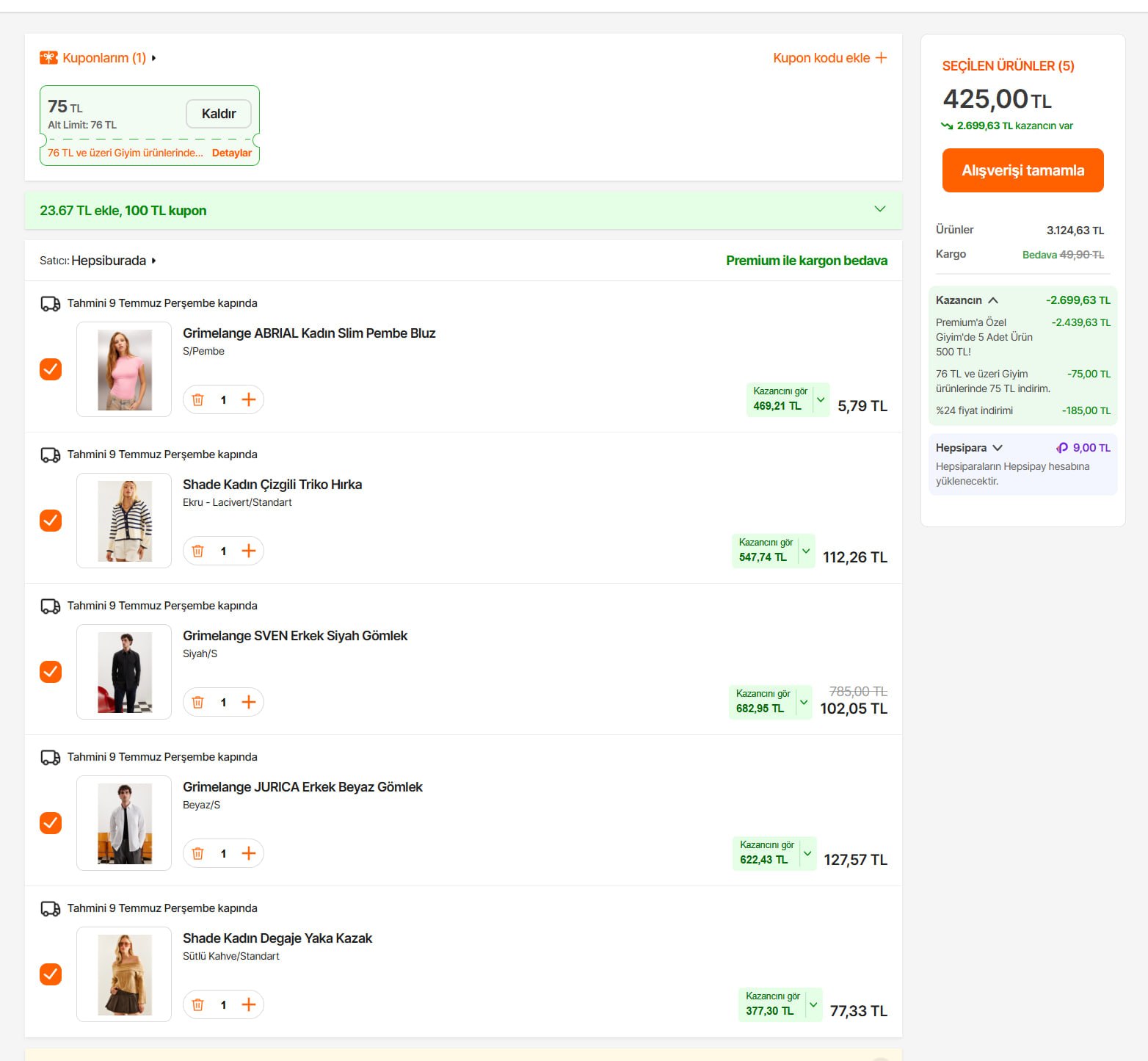 Premium'a Özel Seçili Giyim Ürünlerinde 5 Adet Ürün