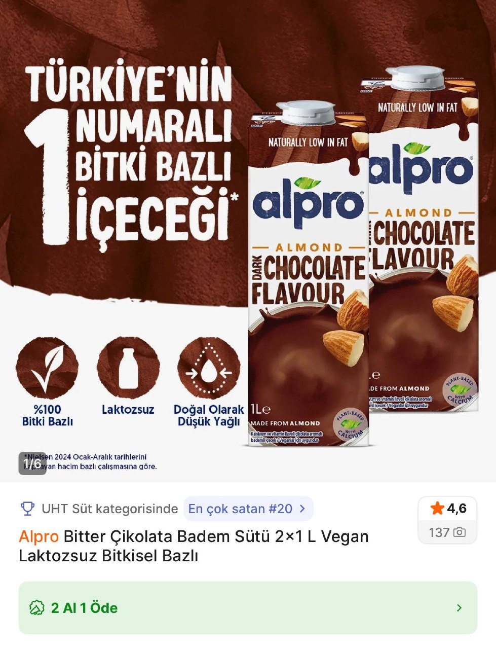 Alpro Bitter Çikolata Badem Sütü 2x1 L Vegan Laktozsuz Bitkisel Bazlı - 75 TL | Hepsiburada Fırsat