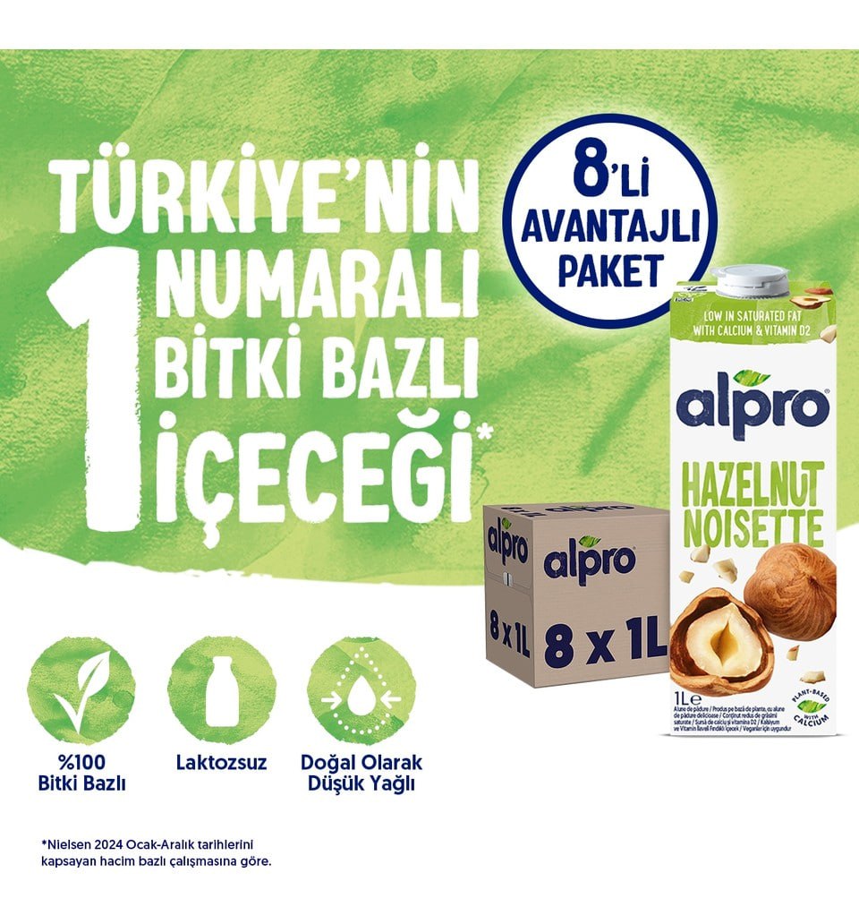 Alpro Fındık Sütü 8x1 L Vegan Laktozsuz Bitkisel Bazlı