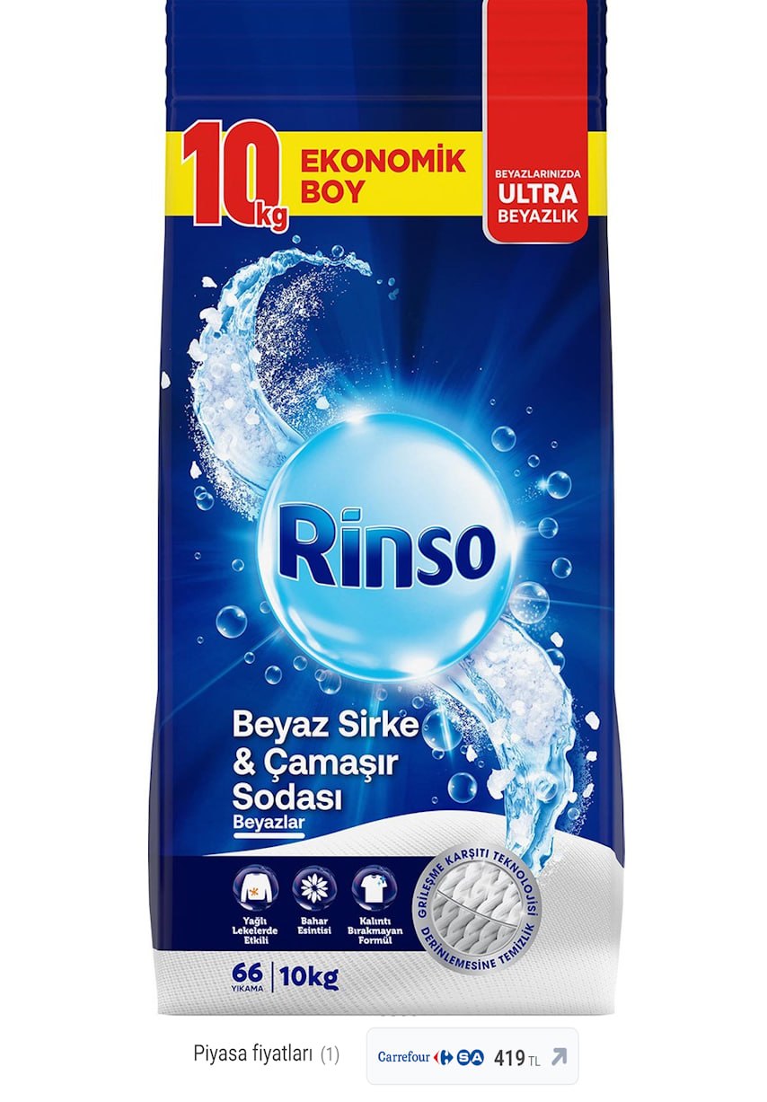 Rinso Beyaz Sirke ve Çamaşır Sodası Beyazlar Için Toz Deterjan 10 kg