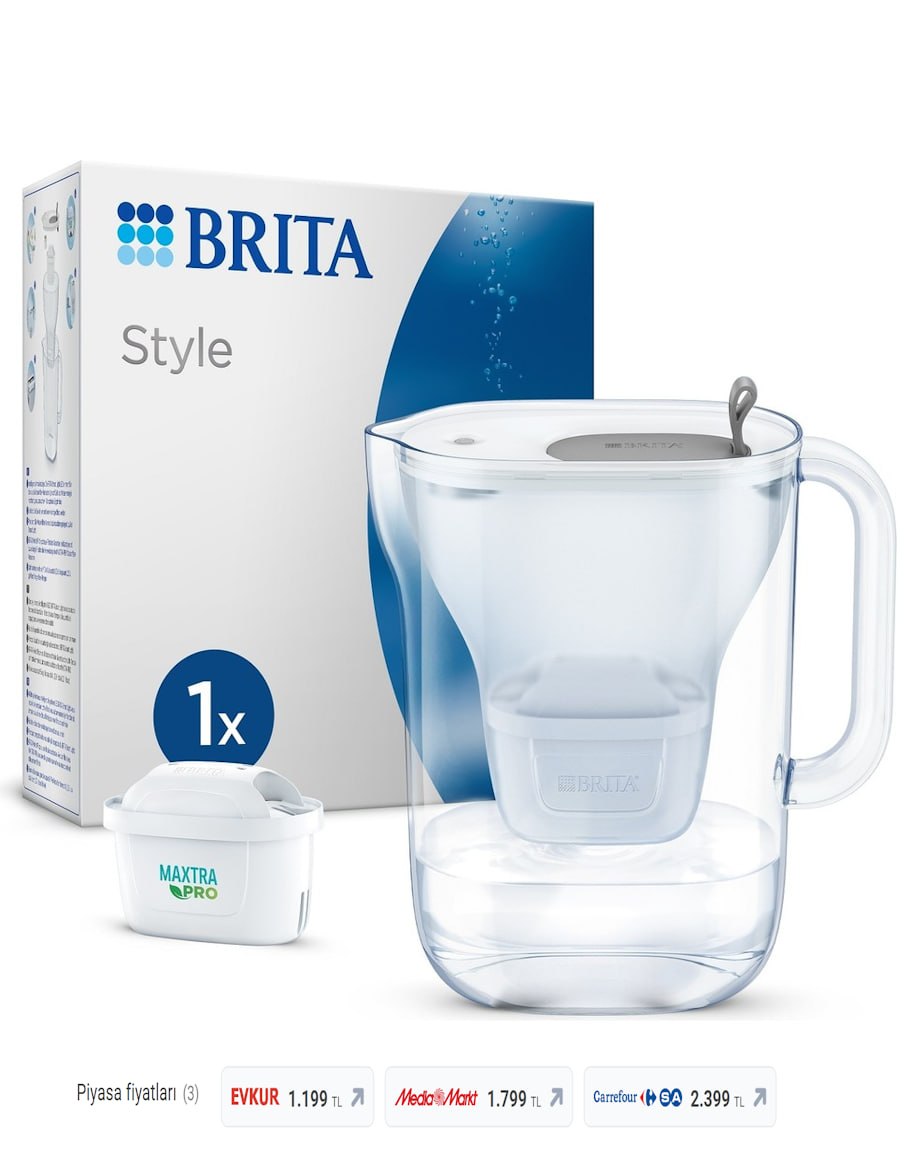 BRITA Style XL 1x Maxtra Pro All-In-1 Filtreli Su Arıtma Sürahisi - Gri 3,5 lt